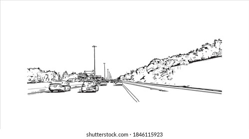 Building view with landmark of Barrie is a city and manifesting regional centre in Canada. Hand drawn sketch illustration in vector.