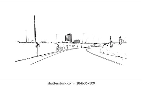 Building view with landmark of Barrie is a city and manifesting regional centre in Canada. Hand drawn sketch illustration in vector.