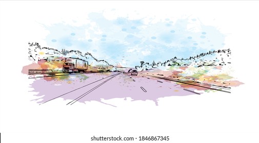 Building view with landmark of Barrie is a city and manifesting regional centre in Canada. Watercolor splash with hand drawn sketch illustration in vector.