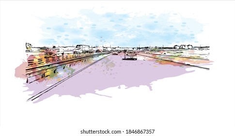 Building view with landmark of Barrie is a city and manifesting regional centre in Canada. Watercolor splash with hand drawn sketch illustration in vector.
