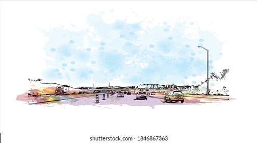 Building view with landmark of Barrie is a city and manifesting regional centre in Canada. Watercolor splash with hand drawn sketch illustration in vector.