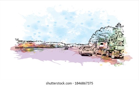 Building view with landmark of Barrie is a city and manifesting regional centre in Canada. Watercolor splash with hand drawn sketch illustration in vector.