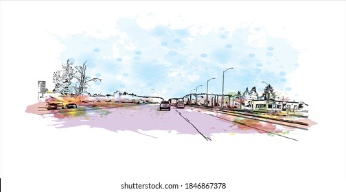 Building view with landmark of Barrie is a city and manifesting regional centre in Canada. Watercolor splash with hand drawn sketch illustration in vector.