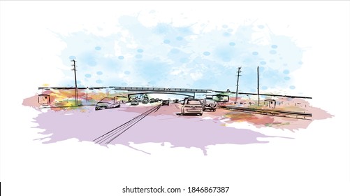 Building view with landmark of Barrie is a city and manifesting regional centre in Canada. Watercolor splash with hand drawn sketch illustration in vector.