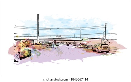 Building view with landmark of Barrie is a city and manifesting regional centre in Canada. Watercolor splash with hand drawn sketch illustration in vector.