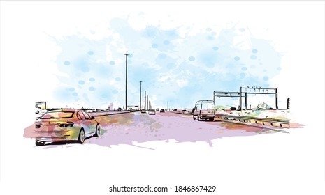 Building view with landmark of Barrie is a city and manifesting regional centre in Canada. Watercolor splash with hand drawn sketch illustration in vector.