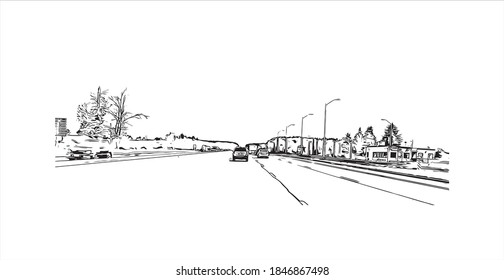 Building view with landmark of Barrie is a city and manifesting regional centre in Canada. Hand drawn sketch illustration in vector.