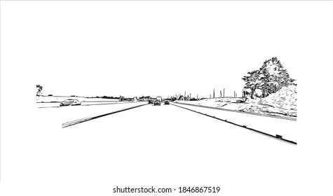 Building view with landmark of Barrie is a city and manifesting regional centre in Canada. Hand drawn sketch illustration in vector.