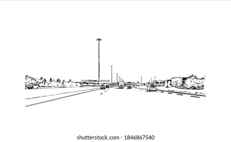 Building view with landmark of Barrie is a city and manifesting regional centre in Canada. Hand drawn sketch illustration in vector.