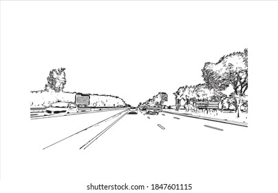 Building view with landmark of Barrie is a city and manifesting regional centre in Canada. Hand drawn sketch illustration in vector.