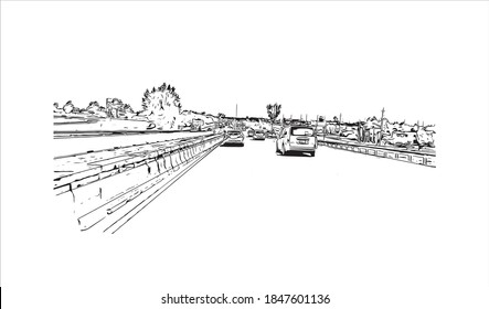 Building view with landmark of Barrie is a city and manifesting regional centre in Canada. Hand drawn sketch illustration in vector.