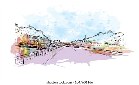 Building view with landmark of Barrie is a city and manifesting regional centre in Canada. Watercolor splash with hand drawn sketch illustration in vector.