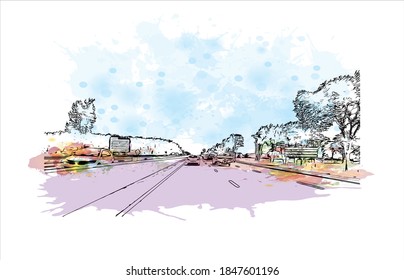 Building view with landmark of Barrie is a city and manifesting regional centre in Canada. Watercolor splash with hand drawn sketch illustration in vector.