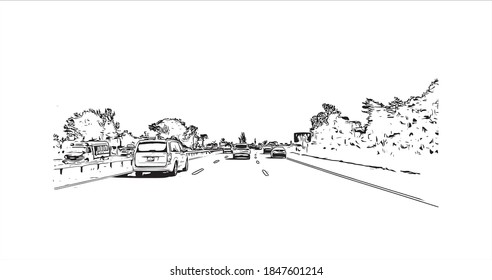 Building view with landmark of Barrie is a city and manifesting regional centre in Canada. Hand drawn sketch illustration in vector.