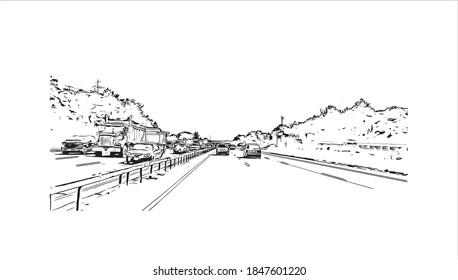 Building view with landmark of Barrie is a city and manifesting regional centre in Canada. Hand drawn sketch illustration in vector.