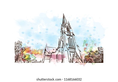 Building view with landmark of Basel is a city on the Rhine River in northwest Switzerland. Watercolor splash with Hand drawn sketch illustration in vector.