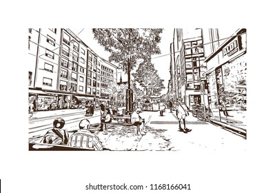 Building view with landmark of Basel is a city on the Rhine River in northwest Switzerland. Hand drawn sketch illustration in vector.