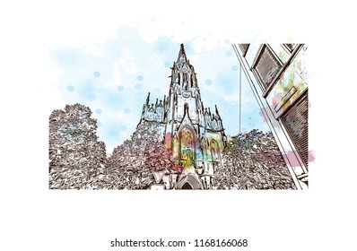 Building view with landmark of Basel is a city on the Rhine River in northwest Switzerland. Watercolor splash with Hand drawn sketch illustration in vector.