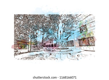 Building view with landmark of Basel is a city on the Rhine River in northwest Switzerland. Watercolor splash with Hand drawn sketch illustration in vector.