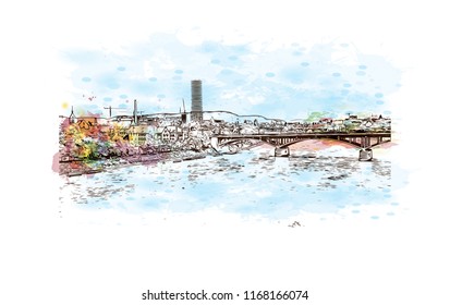 Building view with landmark of Basel is a city on the Rhine River in northwest Switzerland. Watercolor splash with Hand drawn sketch illustration in vector.