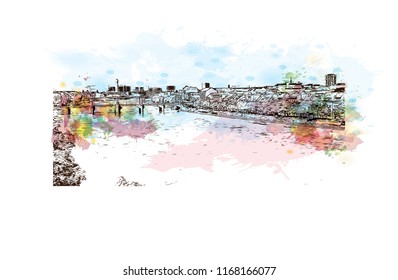 Building view with landmark of Basel is a city on the Rhine River in northwest Switzerland. Watercolor splash with Hand drawn sketch illustration in vector.