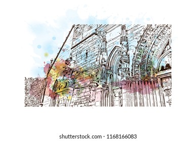 Building view with landmark of Basel is a city on the Rhine River in northwest Switzerland. Watercolor splash with Hand drawn sketch illustration in vector.