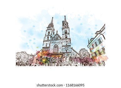 Building view with landmark of Basel is a city on the Rhine River in northwest Switzerland. Watercolor splash with Hand drawn sketch illustration in vector.