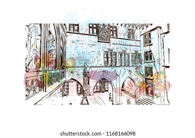 Building view with landmark of Basel is a city on the Rhine River in northwest Switzerland. Watercolor splash with Hand drawn sketch illustration in vector.