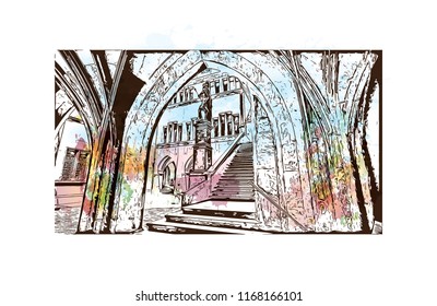 Building view with landmark of Basel is a city on the Rhine River in northwest Switzerland. Watercolor splash with Hand drawn sketch illustration in vector.