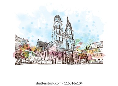 Building view with landmark of Basel is a city on the Rhine River in northwest Switzerland. Watercolor splash with Hand drawn sketch illustration in vector.