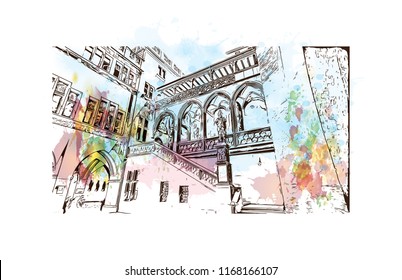 Building view with landmark of Basel is a city on the Rhine River in northwest Switzerland. Watercolor splash with Hand drawn sketch illustration in vector.