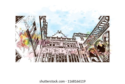 Building view with landmark of Basel is a city on the Rhine River in northwest Switzerland. Watercolor splash with Hand drawn sketch illustration in vector.