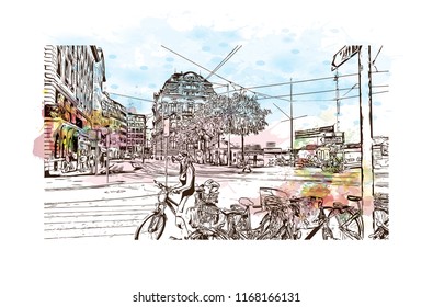 Building view with landmark of Basel is a city on the Rhine River in northwest Switzerland. Watercolor splash with Hand drawn sketch illustration in vector.