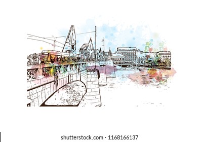 Building view with landmark of Basel is a city on the Rhine River in northwest Switzerland. Watercolor splash with Hand drawn sketch illustration in vector.