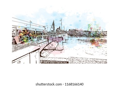 Building view with landmark of Basel is a city on the Rhine River in northwest Switzerland. Watercolor splash with Hand drawn sketch illustration in vector.