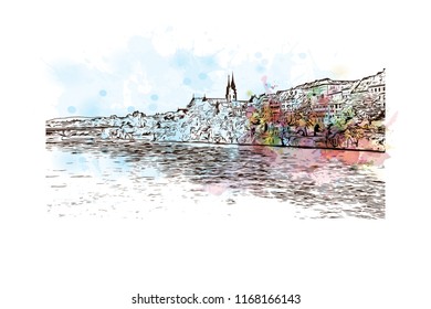 Building view with landmark of Basel is a city on the Rhine River in northwest Switzerland. Watercolor splash with Hand drawn sketch illustration in vector.