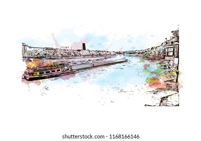 Building view with landmark of Basel is a city on the Rhine River in northwest Switzerland. Watercolor splash with Hand drawn sketch illustration in vector.