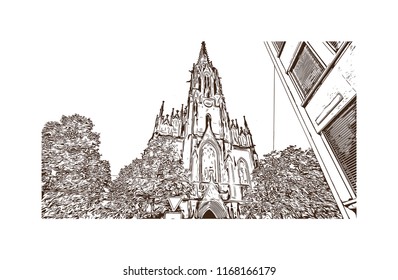 Building view with landmark of Basel is a city on the Rhine River in northwest Switzerland. Hand drawn sketch illustration in vector.