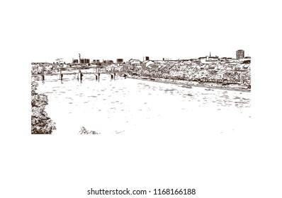 Building view with landmark of Basel is a city on the Rhine River in northwest Switzerland. Hand drawn sketch illustration in vector.