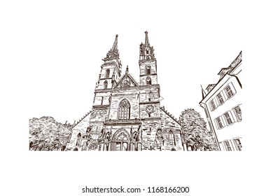 Building view with landmark of Basel is a city on the Rhine River in northwest Switzerland. Hand drawn sketch illustration in vector.