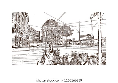 Building view with landmark of Basel is a city on the Rhine River in northwest Switzerland. Hand drawn sketch illustration in vector.