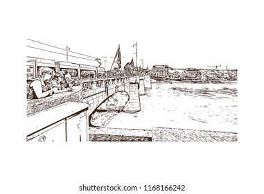 Building view with landmark of Basel is a city on the Rhine River in northwest Switzerland. Hand drawn sketch illustration in vector.