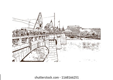 Building view with landmark of Basel is a city on the Rhine River in northwest Switzerland. Hand drawn sketch illustration in vector.