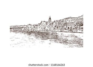 Building view with landmark of Basel is a city on the Rhine River in northwest Switzerland. Hand drawn sketch illustration in vector.