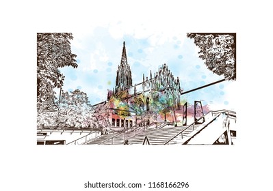 Building view with landmark of Basel is a city on the Rhine River in northwest Switzerland. Watercolor splash with Hand drawn sketch illustration in vector.