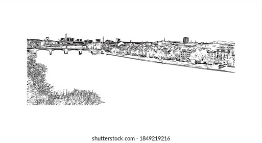 Building view with landmark of Basel is a city on the Rhine River in northwest Switzerland. Hand drawn sketch illustration in vector.