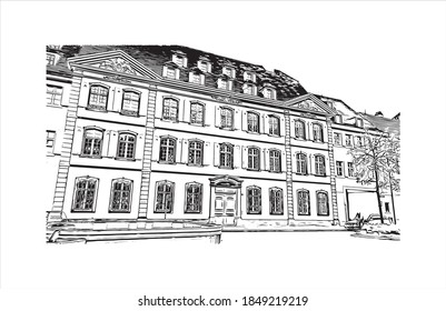 Building view with landmark of Basel is a city on the Rhine River in northwest Switzerland. Hand drawn sketch illustration in vector.