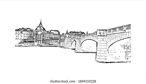 Building view with landmark of Basel is a city on the Rhine River in northwest Switzerland. Hand drawn sketch illustration in vector.