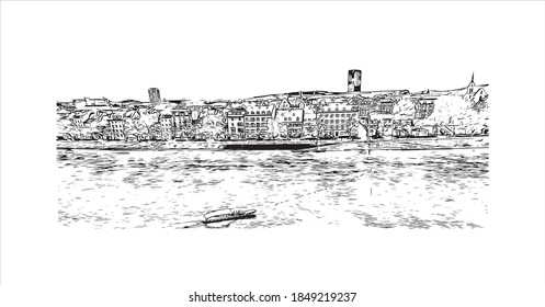 Building view with landmark of Basel is a city on the Rhine River in northwest Switzerland. Hand drawn sketch illustration in vector.