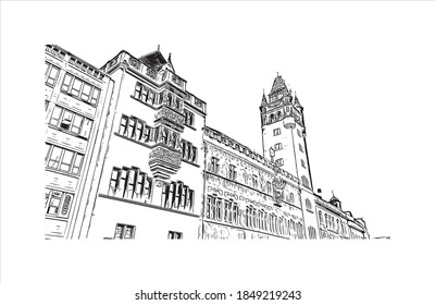 Building view with landmark of Basel is a city on the Rhine River in northwest Switzerland. Hand drawn sketch illustration in vector.